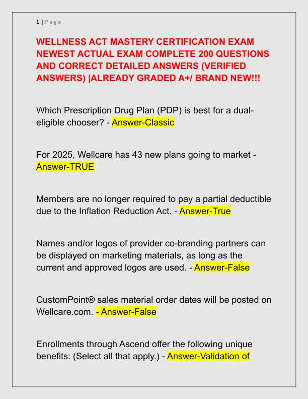 WELLNESS ACT MASTERY CERTIFICATION EXAM NEWEST ACTUAL EXAM COMPLETE 200 QUESTIONS AND CORRECT DETAILED ANSWERS