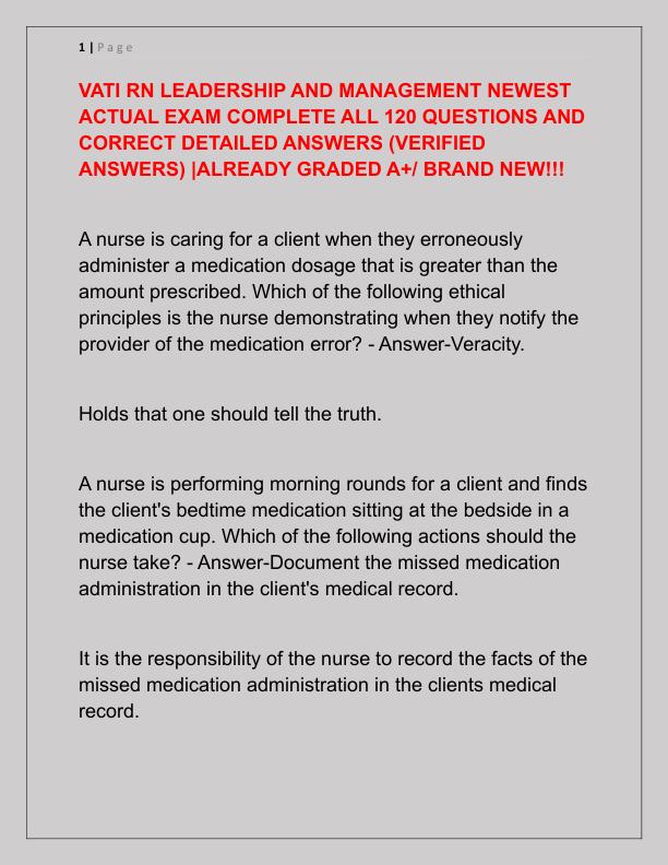 VATI RN LEADERSHIP AND MANAGEMENT NEWEST ACTUAL EXAM COMPLETE ALL 120 QUESTIONS AND CORRECT DETAILED ANSWERS