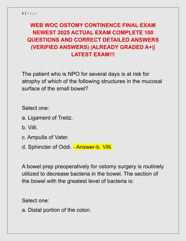 WEB WOC OSTOMY CONTINENCE FINAL EXAM NEWEST 2025 ACTUAL EXAM COMPLETE 100 QUESTIONS AND CORRECT DETAILED ANSWERS