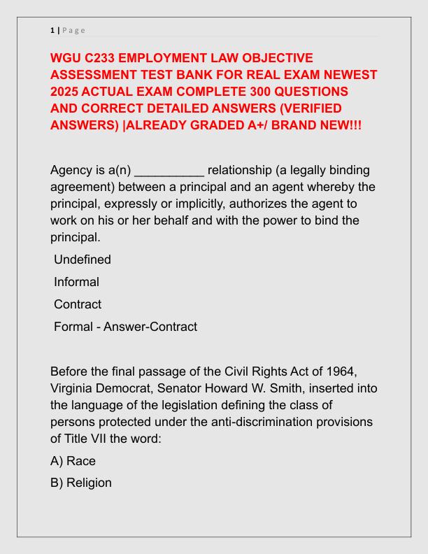 WGU C233 EMPLOYMENT LAW OBJECTIVE ASSESSMENT TEST BANK FOR REAL EXAM NEWEST 2025 ACTUAL EXAM COMPLETE 300 QUESTIONS AND CORRECT DETAILED ANSWERS