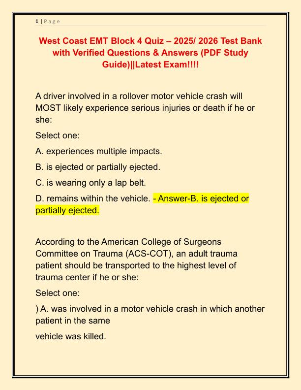 West Coast EMT Block 4 Quiz