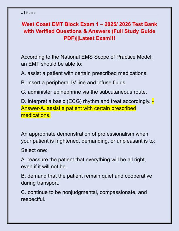 West Coast EMT Block Exam 1