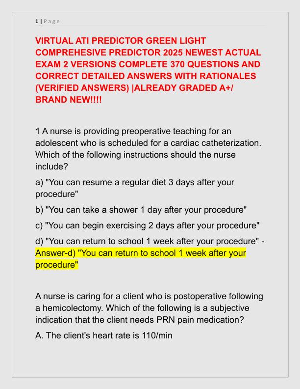 VIRTUAL ATI PREDICTOR GREEN LIGHT COMPREHESIVE PREDICTOR 2025 NEWEST ACTUAL EXAM 2 VERSIONS COMPLETE 370 QUESTIONS AND CORRECT DETAILED ANSWERS WITH RATIONALES
