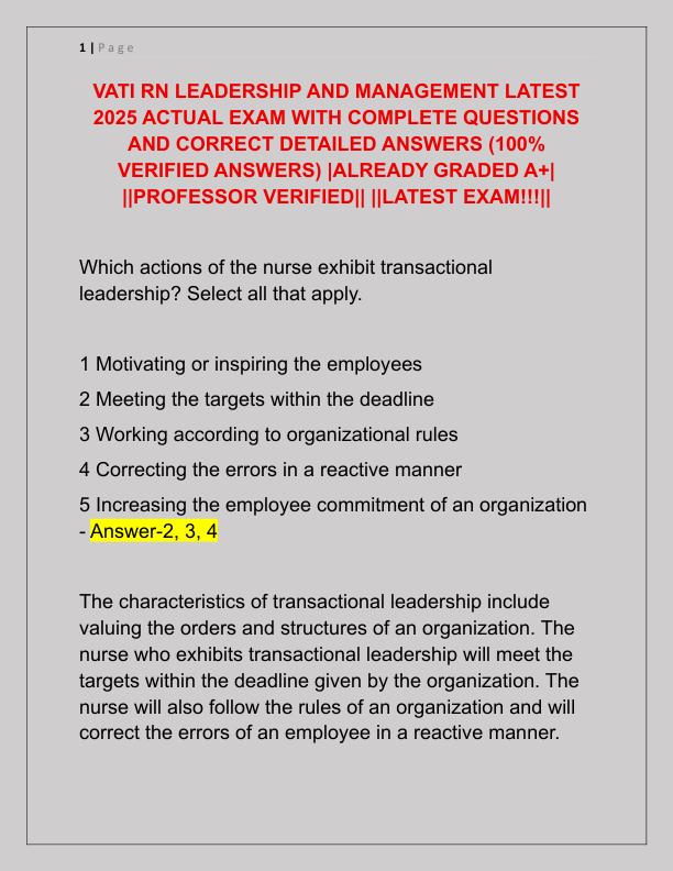 VATI RN LEADERSHIP AND MANAGEMENT LATEST 2025 ACTUAL EXAM WITH COMPLETE QUESTIONS AND CORRECT DETAILED ANSWERS