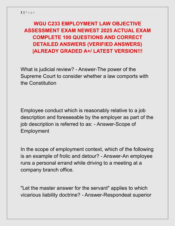 WGU C233 EMPLOYMENT LAW OBJECTIVE ASSESSMENT EXAM NEWEST 2025 ACTUAL EXAM COMPLETE 100 QUESTIONS AND CORRECT DETAILED ANSWERS