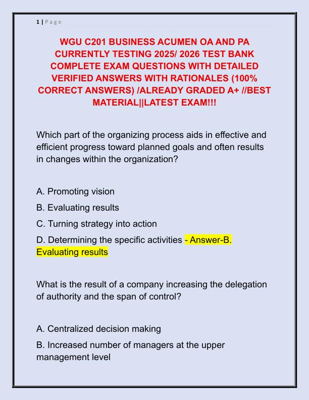 WGU C201 BUSINESS ACUMEN OA AND PA CURRENTLY TESTING 2025