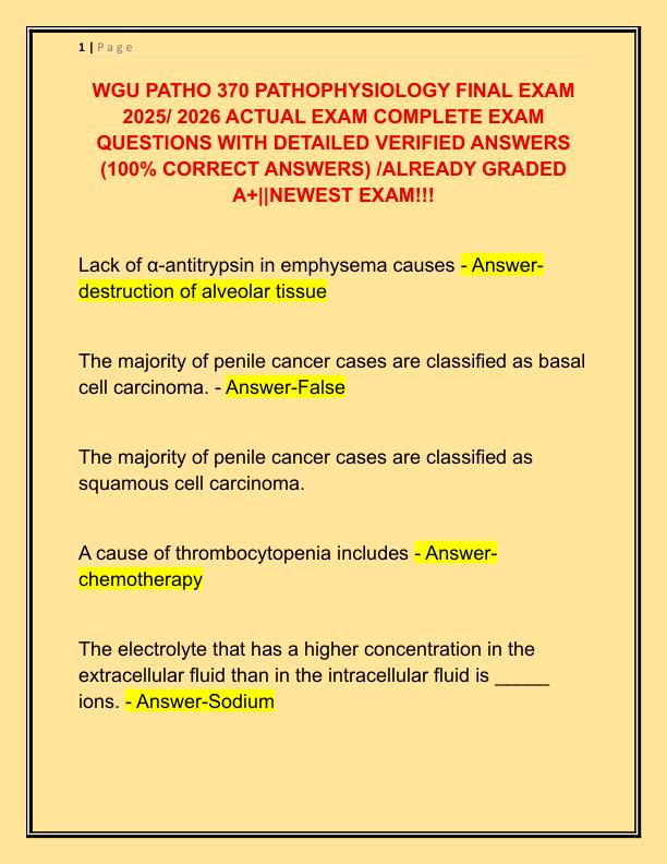 WGU PATHO 370 PATHOPHYSIOLOGY FINAL EXAM 2021