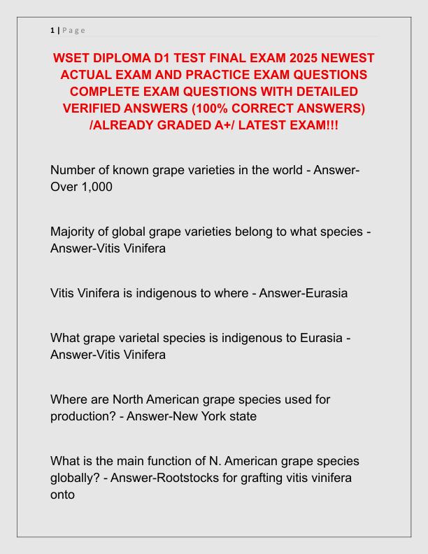 WSET DIPLOMA D1 TEST FINAL EXAM 2025 NEWEST ACTUAL EXAM AND PRACTICE EXAM QUESTIONS COMPLETE EXAM QUESTIONS WITH DETAILED VERIFIED ANSWERS