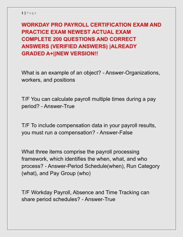 WORKDAY PRO PAYROLL CERTIFICATION EXAM AND PRACTICE EXAM NEWEST ACTUAL EXAM COMPLETE 200 QUESTIONS AND CORRECT ANSWERS