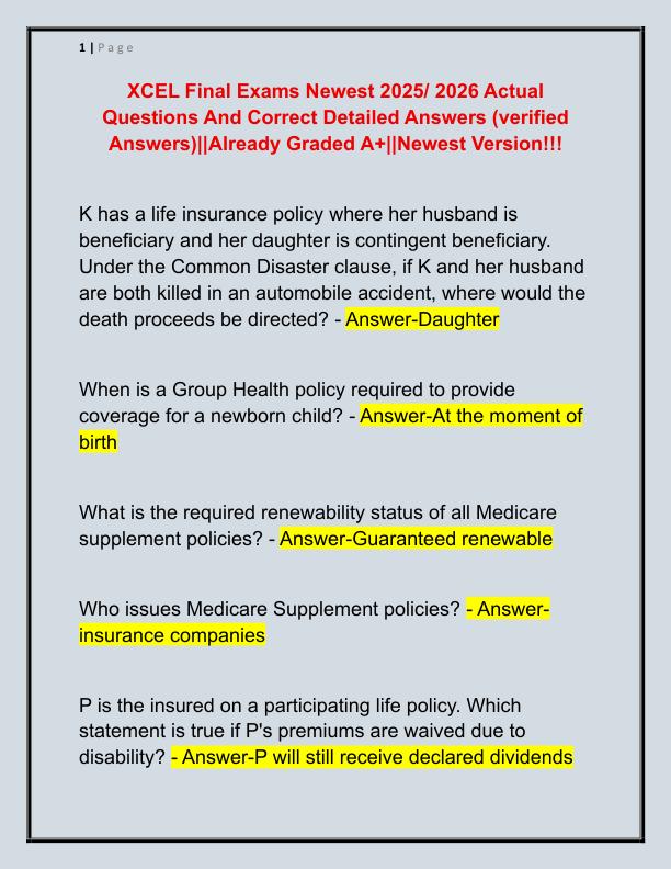 XCEL Final Exams Newest 2025