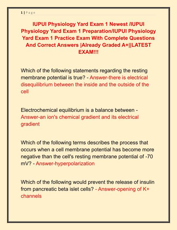 IUPUI Physiology Yard Exam 1 Newest