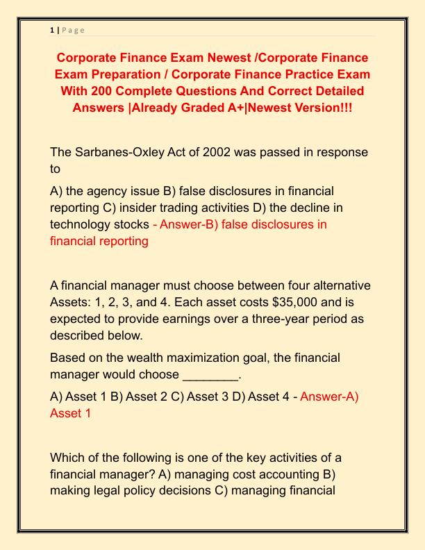 Corporate Finance Exam Newest