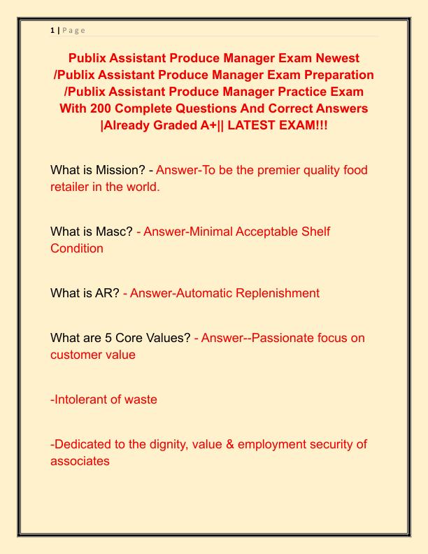 Publix Assistant Produce Manager Exam Newest