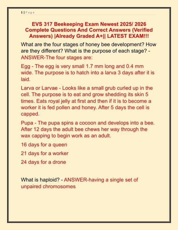 EVS 317 Beekeeping Exam Newest 2025 Complete Questions And Correct Answers