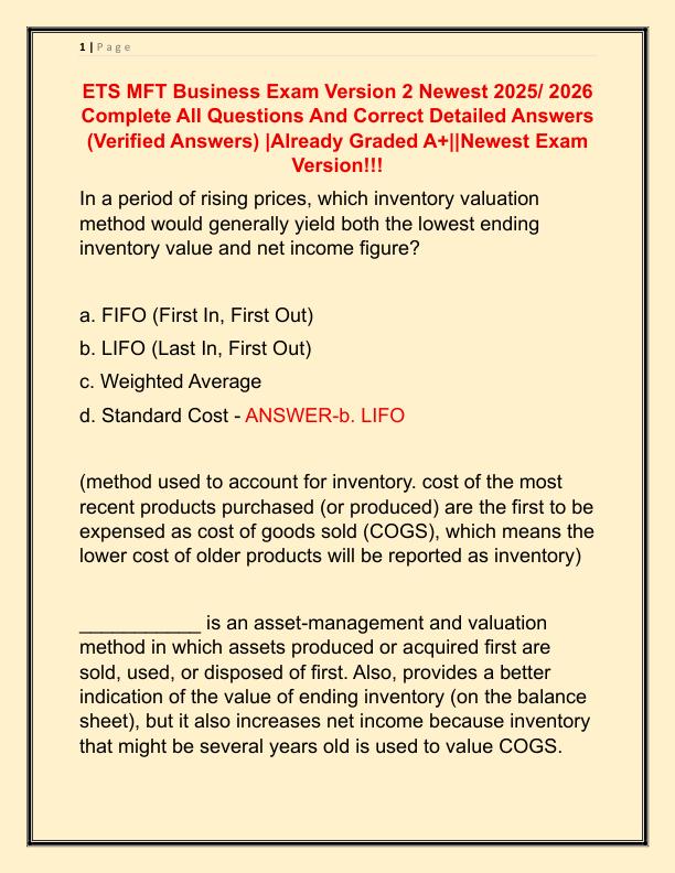 ETS MFT Business Exam Version 2 Newest 2025 Complete All Questions And Correct Detailed Answers