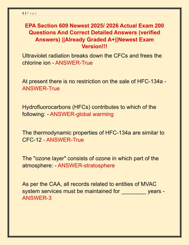 EPA Section 609 Newest 2025 Actual Exam 200 Questions And Correct Detailed Answers