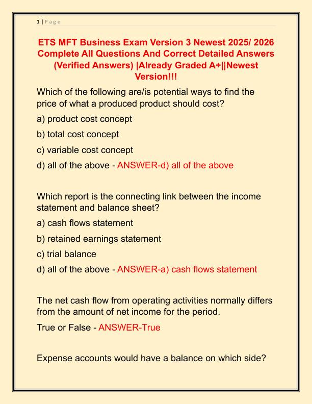 ETS MFT Business Exam Version 3 Newest 2025 Complete All Questions And Correct Detailed Answers