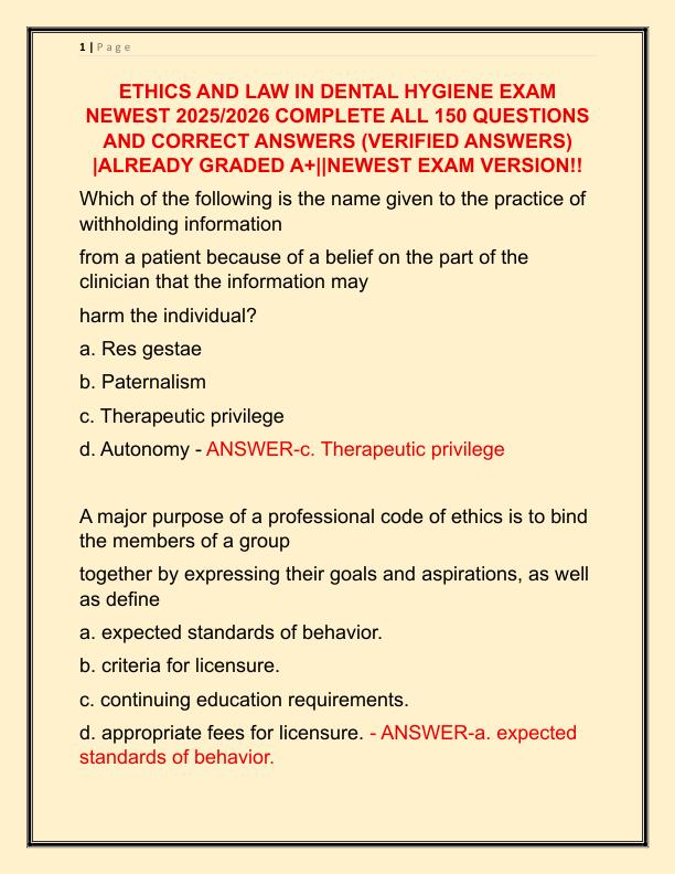ETHICS AND LAW IN DENTAL HYGIENE EXAM NEWEST 2025