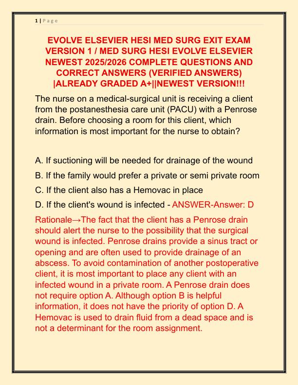 EVOLVE ELSEVIER HESI MED SURG EXIT EXAM VERSION 1