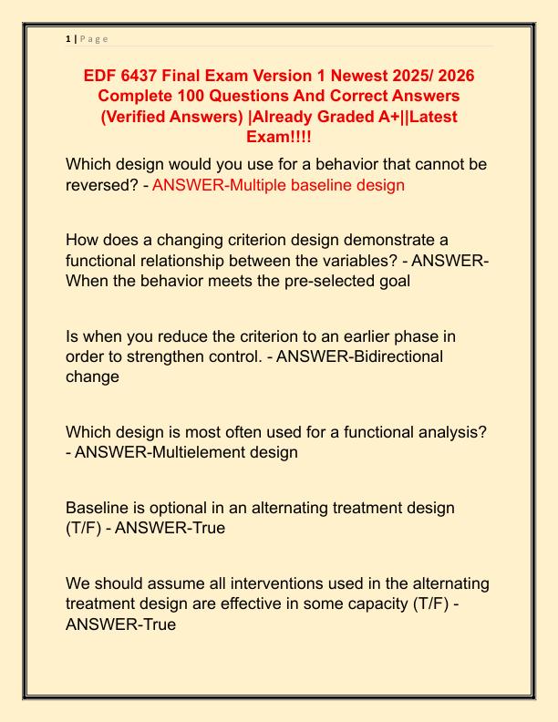 EDF 6437 Final Exam Version 1 Newest 2025 Complete 100 Questions And Correct Answers