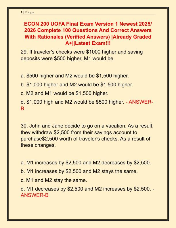 ECON 200 UOFA Final Exam Version 1 Newest 2025 Complete 100 Questions And Correct Answers
