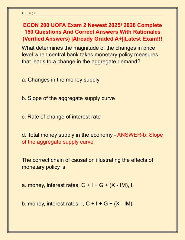 ECON 200 UOFA Exam 2 Newest 2025 Complete 150 Questions And Correct Answers