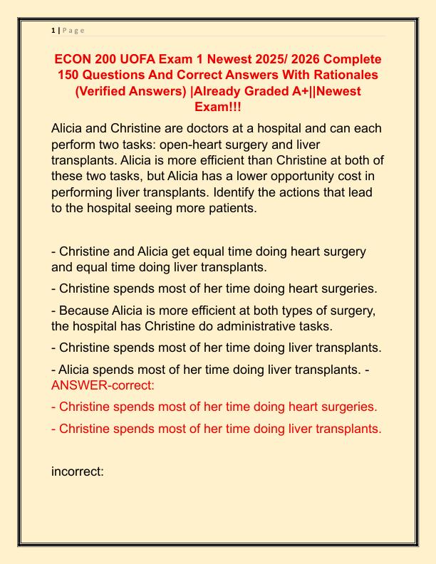 ECON 200 UOFA Exam 1 Newest 2025 Complete 150 Questions And Correct Answers