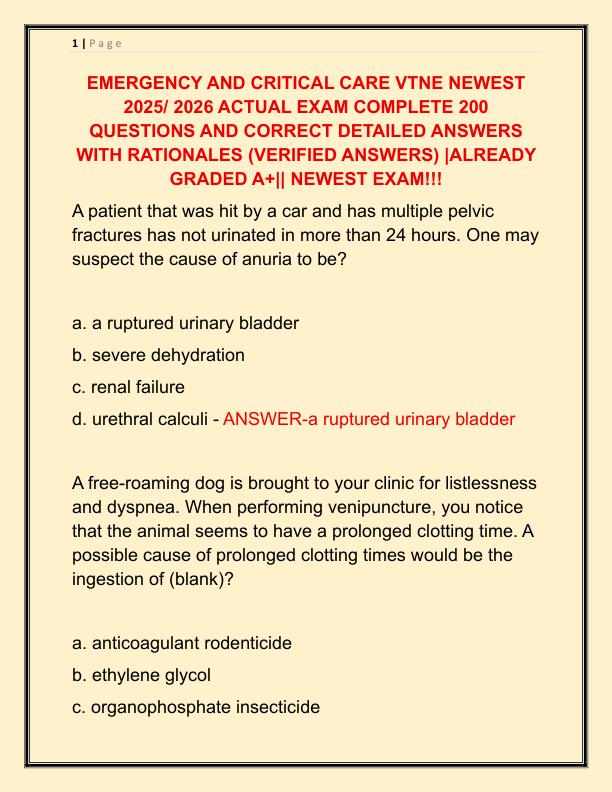 EMERGENCY AND CRITICAL CARE VTNE NEWEST 2025 ACTUAL EXAM COMPLETE 200 QUESTIONS AND CORRECT DETAILED ANSWERS