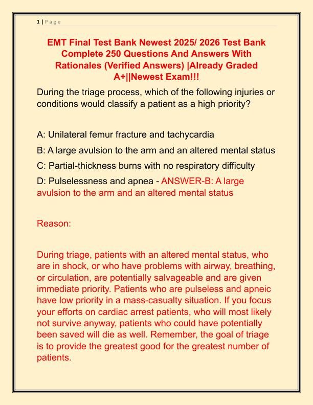 EMT Final Test Bank Newest 2025 Test Bank Complete 250 Questions And Answers