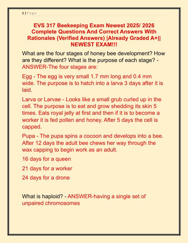 EVS 317 Beekeeping Exam Newest 2025 Complete Questions And Correct Answers