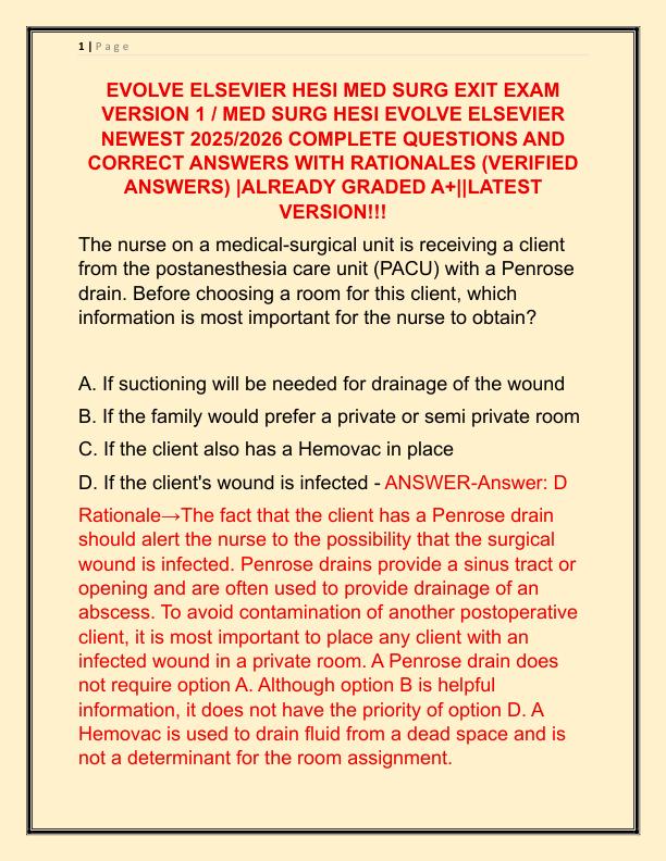 EVOLVE ELSEVIER HESI MED SURG EXIT EXAM VERSION 1