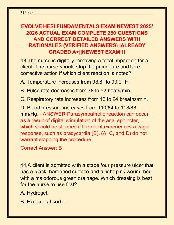 EVOLVE HESI FUNDAMENTALS EXAM NEWEST 2025 ACTUAL EXAM COMPLETE 250 QUESTIONS AND CORRECT DETAILED ANSWERS