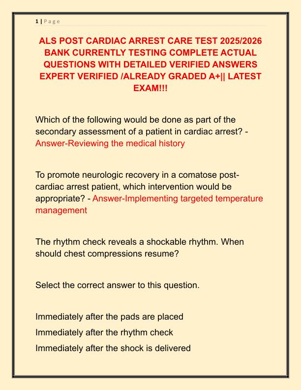 ALS POST CARDIAC ARREST CARE TEST 2025