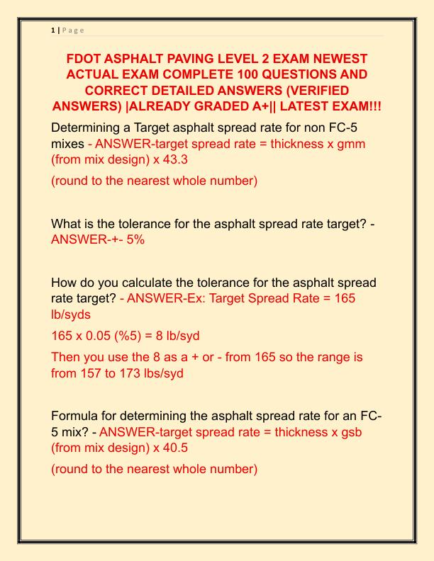 FDOT ASPHALT PAVING LEVEL 2 EXAM NEWEST ACTUAL EXAM COMPLETE 100 QUESTIONS AND CORRECT DETAILED ANSWERS