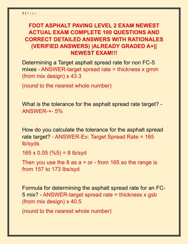 FDOT ASPHALT PAVING LEVEL 2 EXAM NEWEST ACTUAL EXAM COMPLETE 100 QUESTIONS AND CORRECT DETAILED ANSWERS