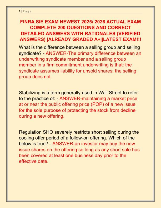 FINRA SIE EXAM NEWEST 2025 ACTUAL EXAM COMPLETE 200 QUESTIONS AND CORRECT DETAILED ANSWERS