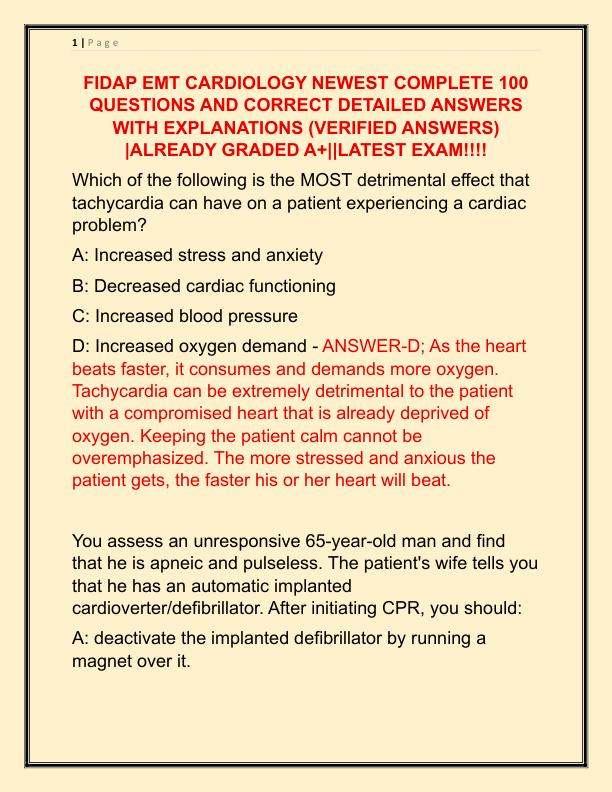 FIDAP EMT CARDIOLOGY NEWEST COMPLETE 100 QUESTIONS AND CORRECT DETAILED ANSWERS