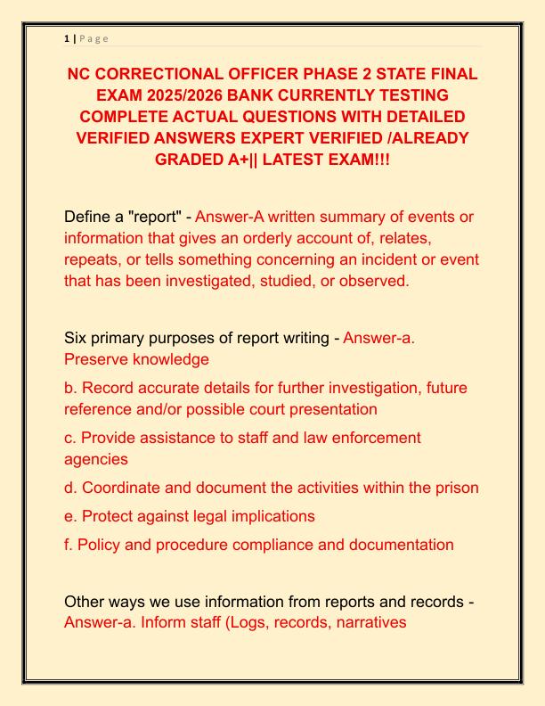 NC CORRECTIONAL OFFICER PHASE 2 STATE FINAL EXAM 2025