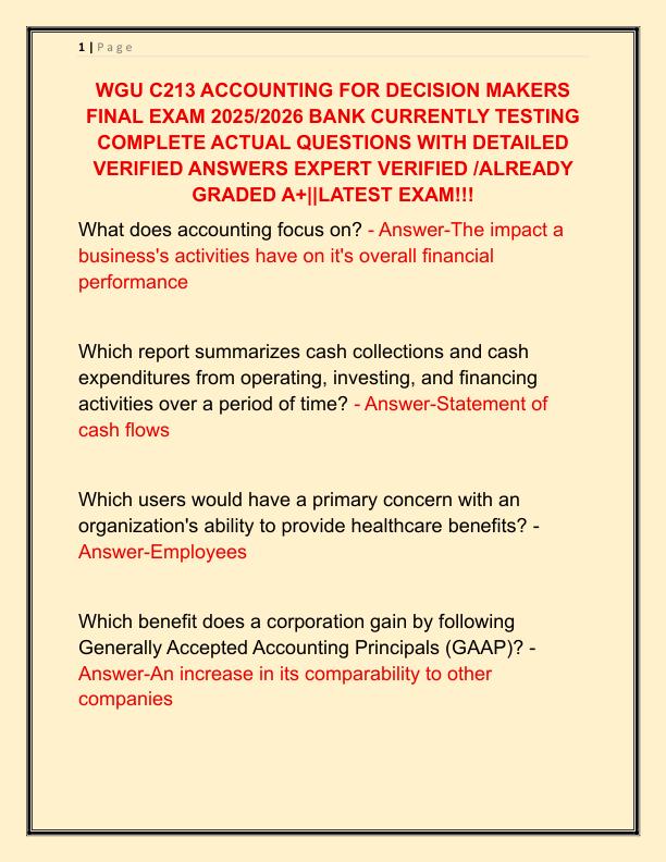 WGU C213 ACCOUNTING FOR DECISION MAKERS FINAL EXAM 2025