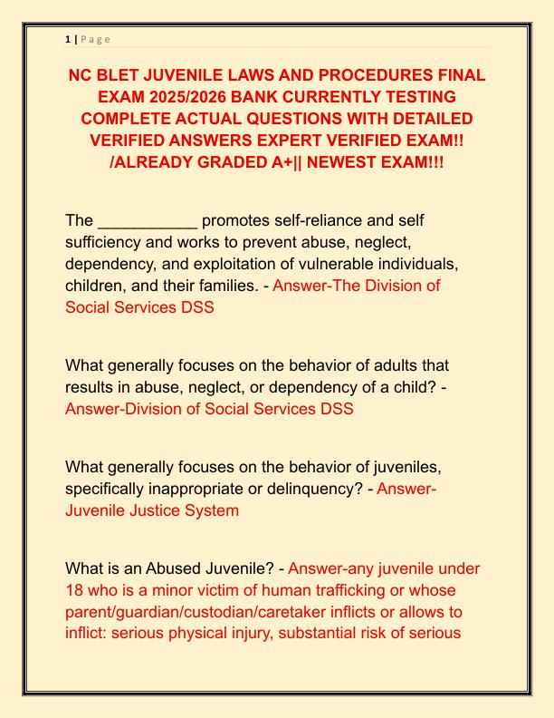 NC BLET JUVENILE LAWS AND PROCEDURES FINAL EXAM 2025