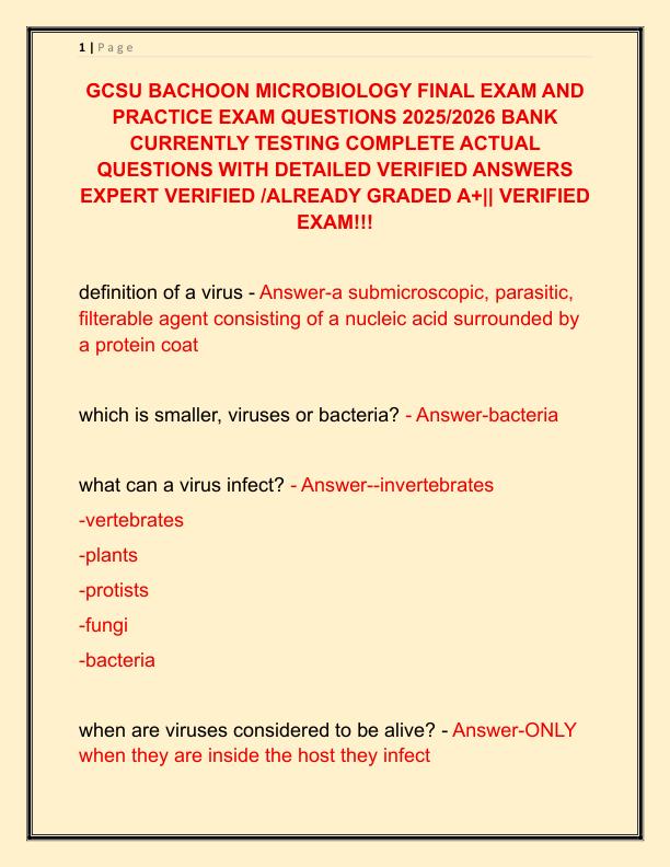 GCSU BACHOON MICROBIOLOGY FINAL EXAM AND PRACTICE EXAM QUESTIONS 2025