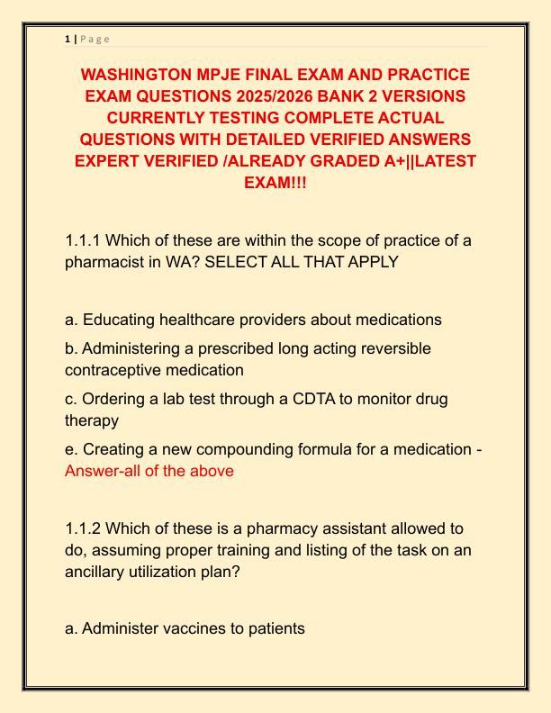 WASHINGTON MPJE FINAL EXAM AND PRACTICE EXAM QUESTIONS 2025