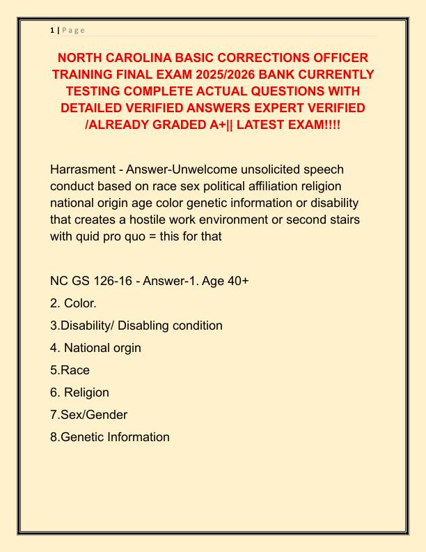 NORTH CAROLINA BASIC CORRECTIONS OFFICER TRAINING FINAL EXAM 2025