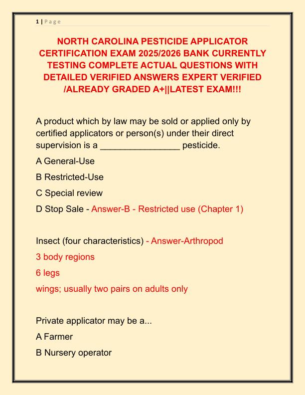 NORTH CAROLINA PESTICIDE APPLICATOR CERTIFICATION EXAM 2025