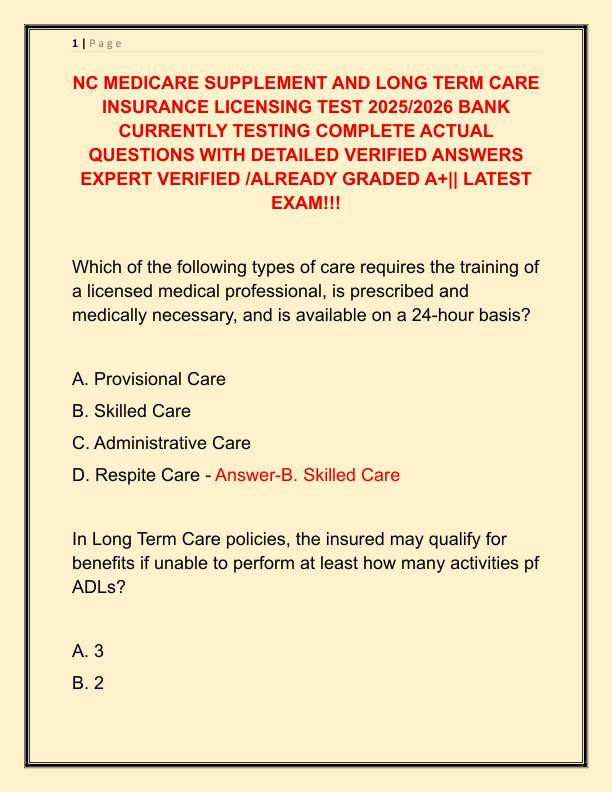NC MEDICARE SUPPLEMENT AND LONG TERM CARE INSURANCE LICENSING TEST 2025