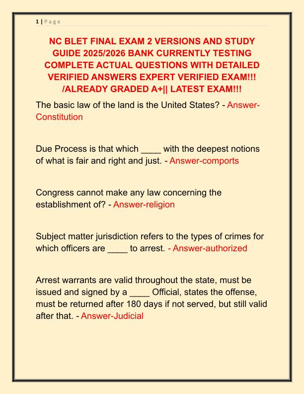 NC BLET FINAL EXAM 2 VERSIONS AND STUDY GUIDE 2025