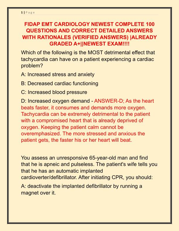 FIDAP EMT CARDIOLOGY NEWEST COMPLETE 100 QUESTIONS AND CORRECT DETAILED ANSWERS