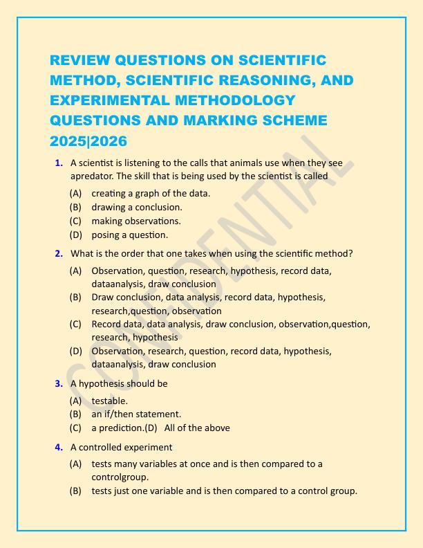 REVIEW QUESTIONS ON SCIENTIFIC METHOD