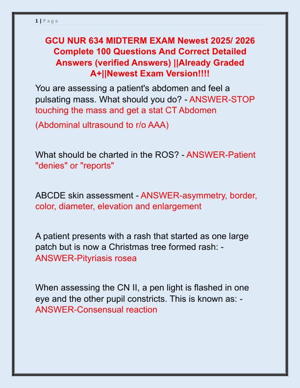GCU NUR 634 MIDTERM EXAM Newest 2025 Complete 100 Questions And Correct Detailed Answers