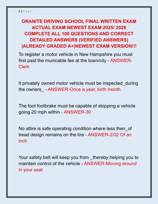 GRANITE DRIVING SCHOOL FINAL WRITTEN EXAM ACTUAL EXAM NEWEST EXAM 2025 COMPLETE ALL 100 QUESTIONS AND CORRECT DETAILED ANSWERS